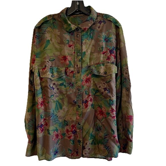 Sanctuary FloralFlage Boyfriend Tencel Blouse/ Green Floral Top - Picture 2 of 11